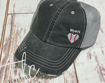 Distressed baseball cap, hat, embroidered heart baseball stitches, personalized name, MAchine Embroidery