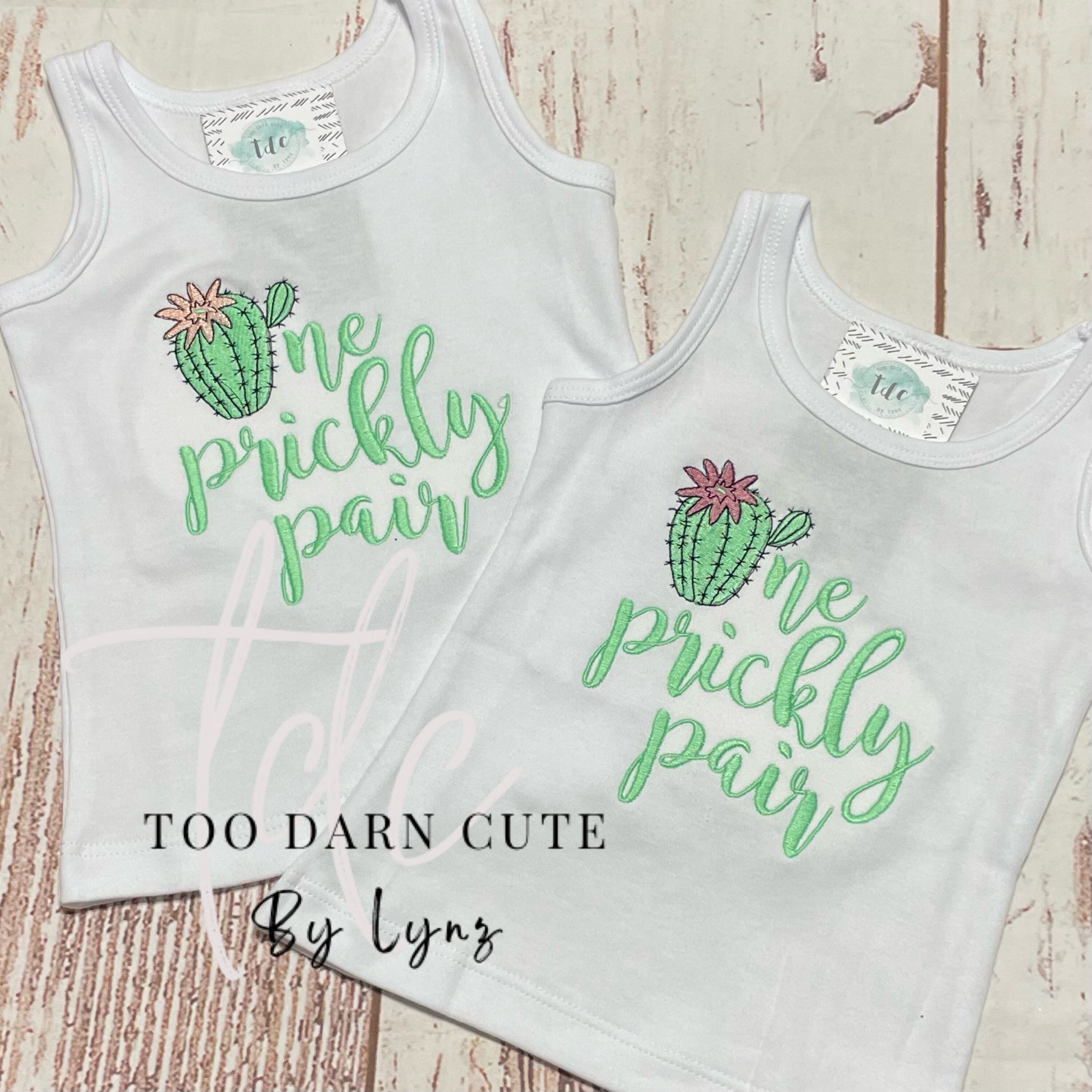 One Prickly Pair, SET of TANKS, Twins Birthday Razor Back Tank, Two tanks, Cactus, prickly pear, Machine Embroidery