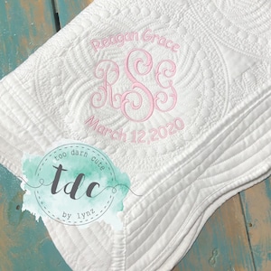 Monogram Baby Quilt personalized machine embroidery circle frame name and date