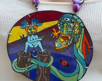 Emaille Anhänger "Male Gaze" mit Polymer Clay Perlen ."