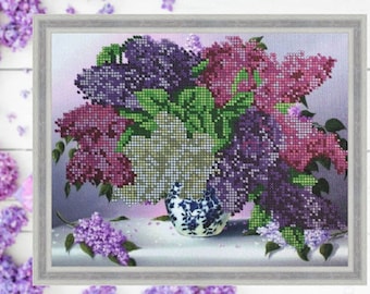 LILAC Seed Beads Embroidery KIT - Diy Homedecor - Beaded Painting Picture Set - Artwork-Beadwork + Lovely GIFT