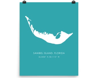 Sanibel Island, Florida Bold Map Print Art - Aqua