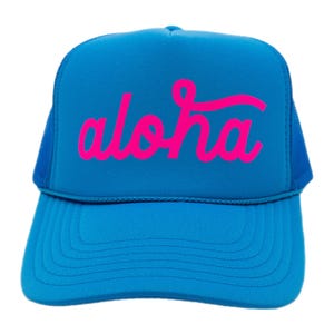Hawaii Trucker Hat with Aloha Script – Neon Pink & Blue Mesh Snapback