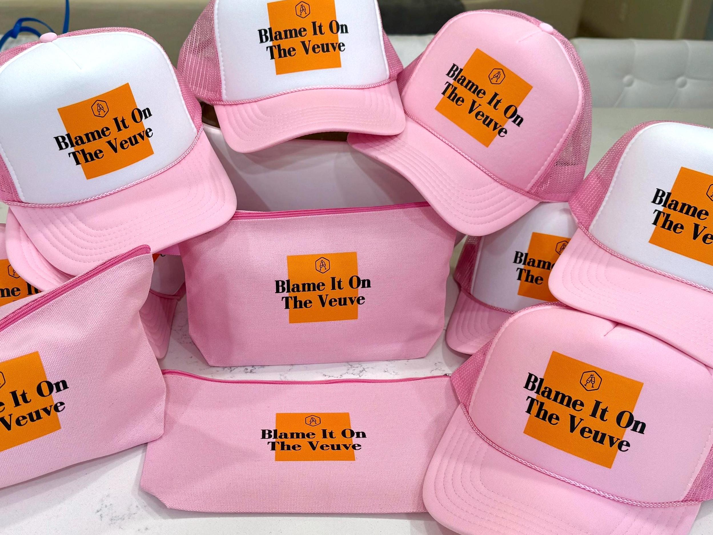 Blame It on the Veuve Hat – Champagne Birthday Trucker Cap, Bachelorette Party Gift, Pink Mesh Snapback, Stylish Celebration Accessory
