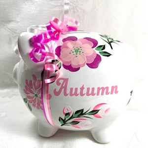 Piggy bank, pink flowers,personalized,hand painted, gift idea