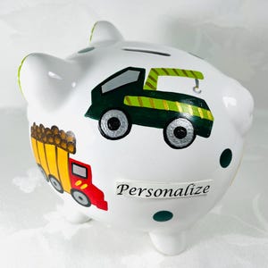 Piggy bank,trucks,hand painted,gift idea