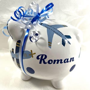 Piggy bank,airplanes,hand painted,ceramic piggy bank, personalized,hand painted,gift