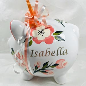Piggy bank, peach flowers,ceramic bank,personalized,hand painted, gift