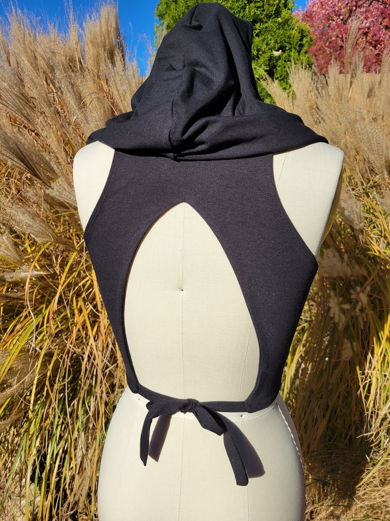 Hooded Tie Back Crop Top Bamboo Cotton Cowled Open Back Crop Top image 2