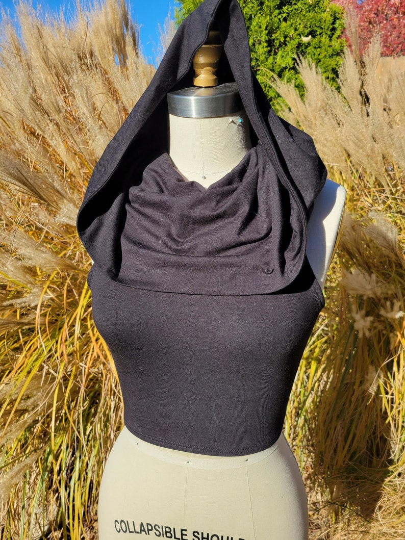 Hooded Tie Back Crop Top Bamboo Cotton Cowled Open Back Crop Top image 1