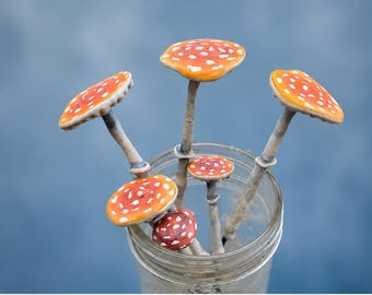 Set of 6 Miniature Mushroom Garden Stakes – Woodland Fairy Garden Decor – Hand-Painted Amanita Spikes
