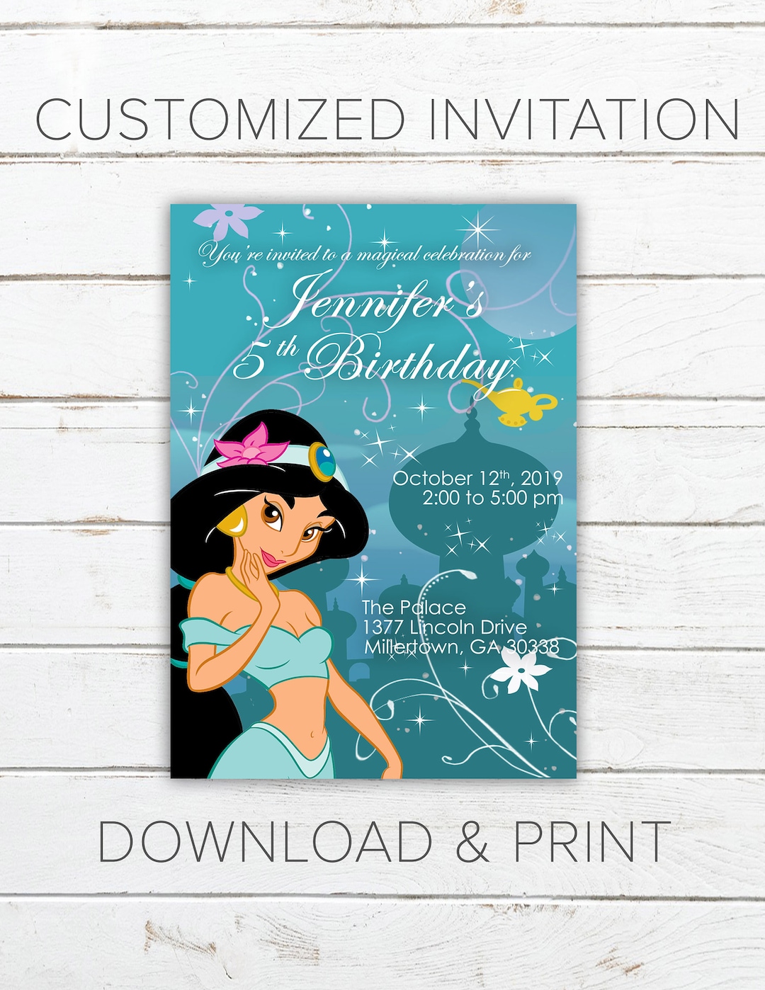 Princess Jasmine, Aladdin Party Invitation, Printable, Digital Download