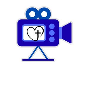 May include: A blue cartoon-style video camera with a heart and cross symbol on the screen. The camera has a lens, buttons, and a stand. The top of the camera has two circles. The background is white.