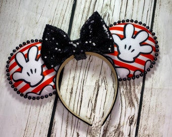 Mickey Mouse Ears: Red Stripe Fabric, Black Sequin Bow