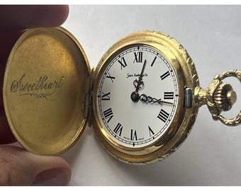 Vintage Sweetheart Pocket Watch Sears Roebuck Swiss Made Gold Tone Locket Style Ornate Engraved