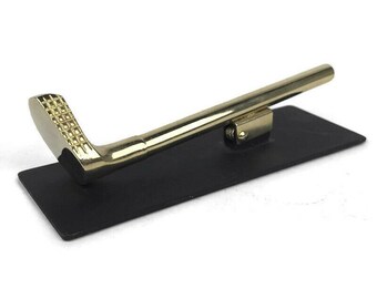 MCM Brass Figural Golf Club Desktop Paperweight Memo Clip Gold-Plated Vintage Sports Home Accessory