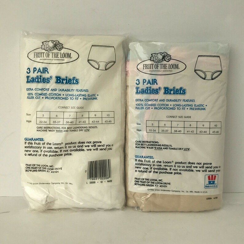 Underwear Fruit Of The Loom Ladies Cotton Briefs Size 10 Vintage 80s 3 Pack Lot of 2 New 1982 White and Multi-Color Panties