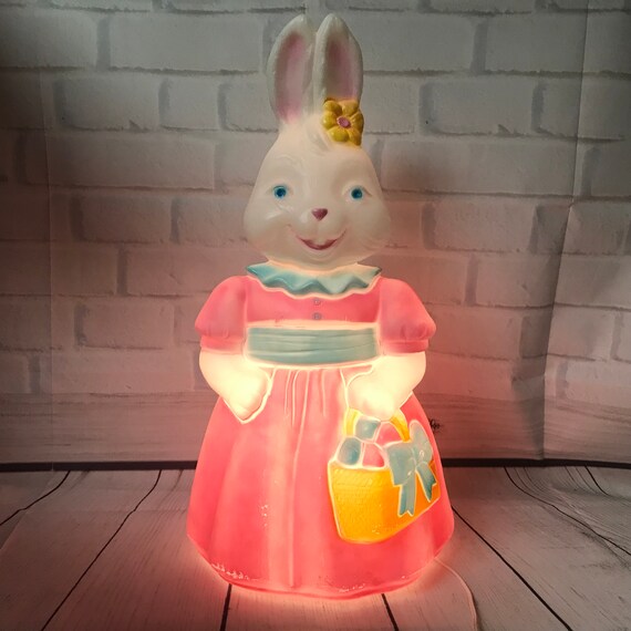 Blow Mold Easter Bunny Light Up 1994 Girl Holding Basket Of Etsy