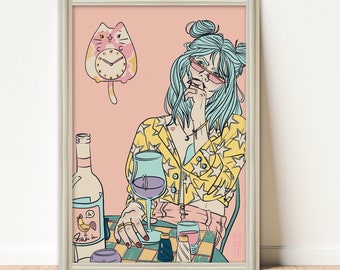 Pink Cat Clock Digital Art Print Download. wall art, original illustration, pop art, apartment decor