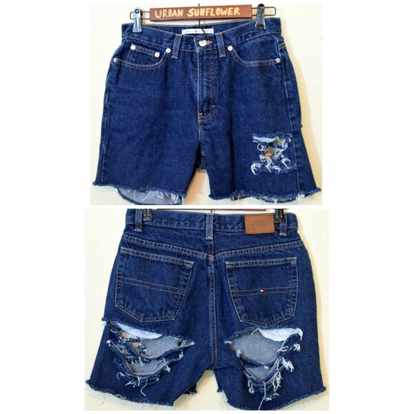 Tommy Hilfiger Vintage Dark Blue Denim Upcycled Custom Distressed Bermuda Shorts Size 8