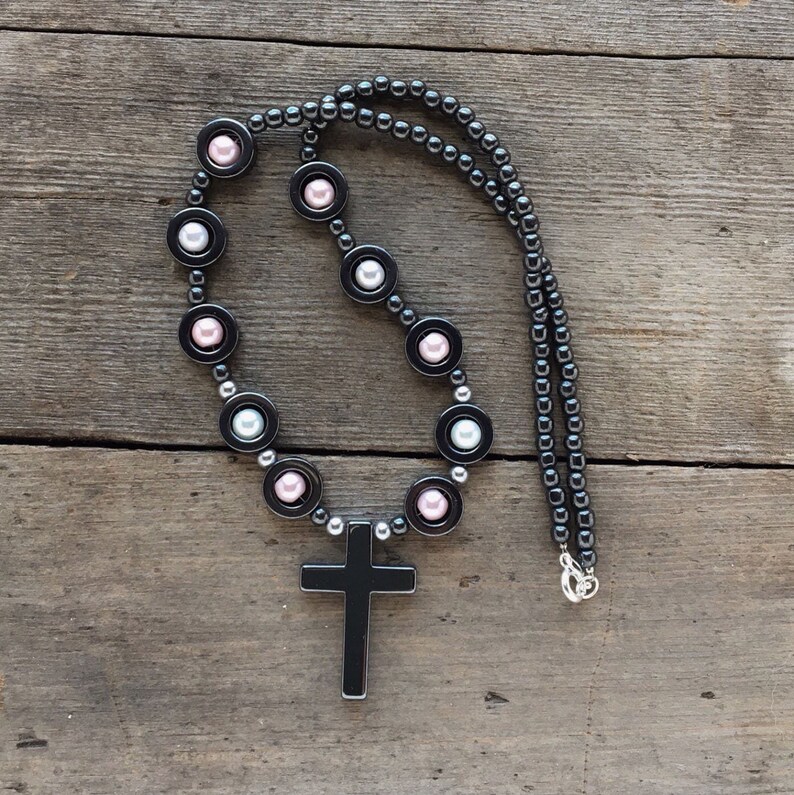 Hematite Cross Necklace With Pink and White Pearl Beads Etsy