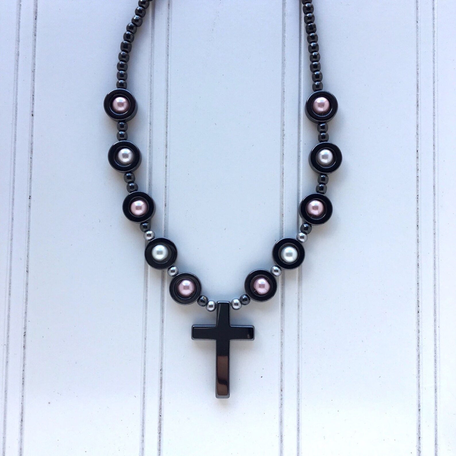Hematite Cross Necklace With Pink and White Pearl Beads Etsy
