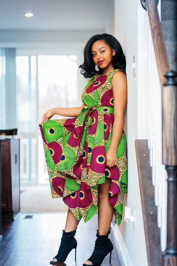 African Print Tracy Asymmetrical Dress-Green