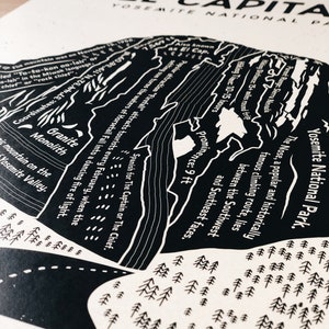 May include: Black and white illustration of El Capitan, a granite monolith in Yosemite National Park. The illustration shows the mountain's prominent features, including its sheer cliffs and the surrounding forest. The text "El Capitan" and "Yosemite National Park" are visible at the top of the illustration.