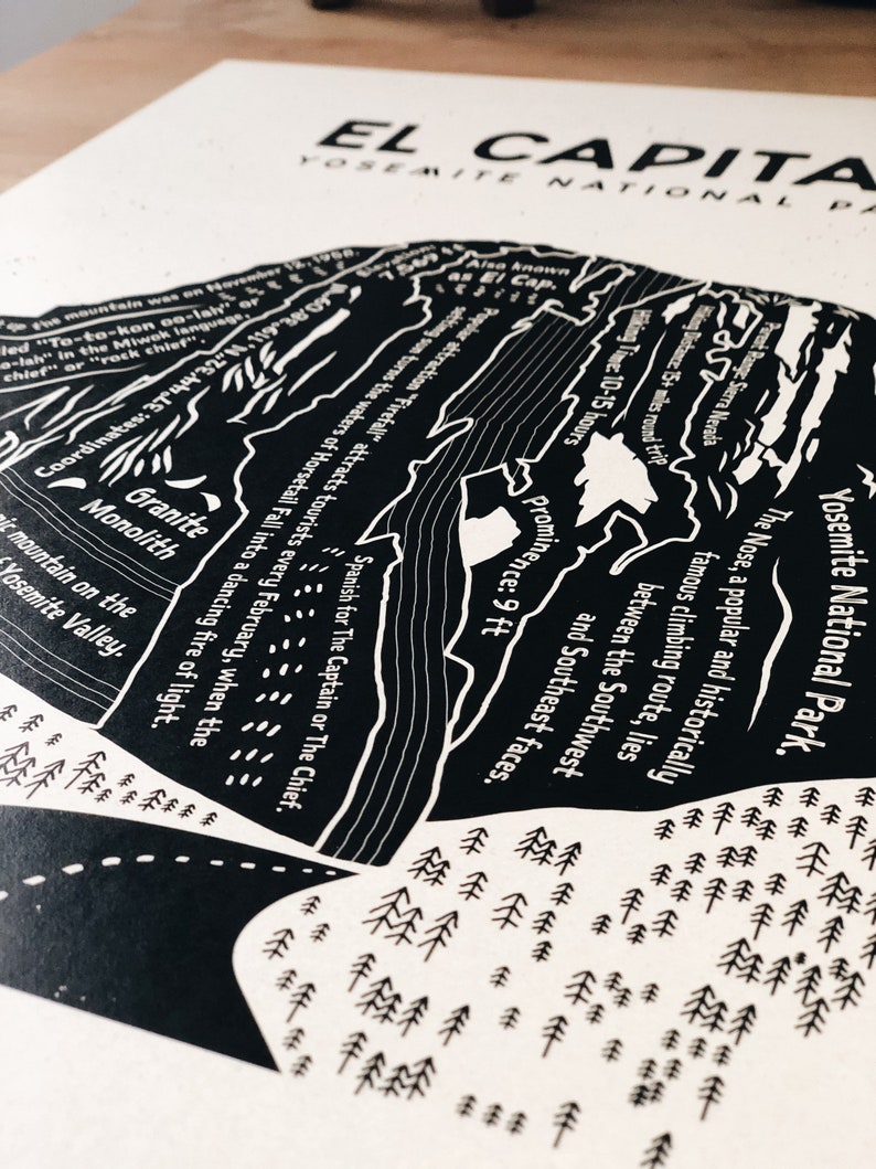 May include: Black and white illustration of El Capitan, a granite monolith in Yosemite National Park. The illustration shows the mountain's prominent features, including its sheer cliffs and the surrounding forest. The text "El Capitan" and "Yosemite National Park" are visible at the top of the illustration.