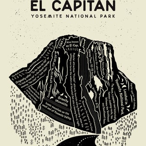 May include: Black and white illustration of El Capitan, a granite monolith in Yosemite National Park. The illustration shows the mountain's iconic shape, with text describing its elevation, coordinates, and other details. The illustration also includes a road leading to the mountain, surrounded by trees.