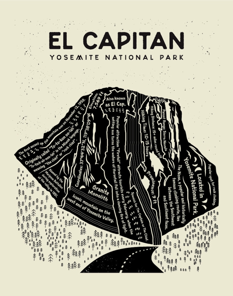 May include: Black and white illustration of El Capitan, a granite monolith in Yosemite National Park. The illustration shows the mountain's iconic shape, with text describing its elevation, coordinates, and other details. The illustration also includes a road leading to the mountain, surrounded by trees.