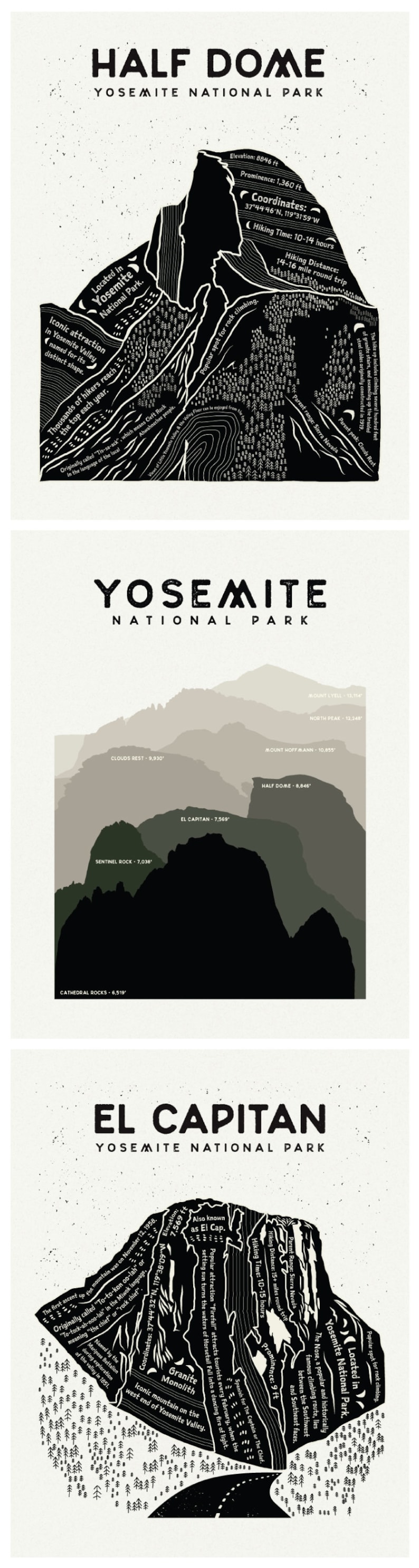 May include: Three black and white illustrations of famous landmarks in Yosemite National Park: Half Dome, El Capitan, and Yosemite Valley. Each illustration includes the name of the landmark, its elevation, and other interesting facts.