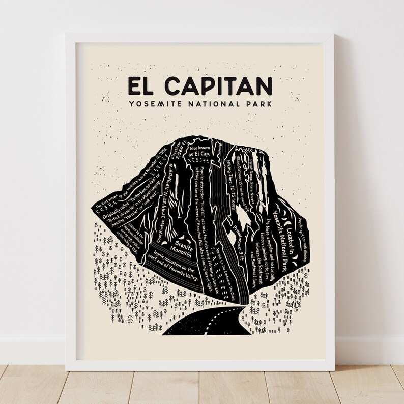May include: Black and white illustration of El Capitan, a granite monolith in Yosemite National Park. The illustration includes text describing the mountain's features and history.