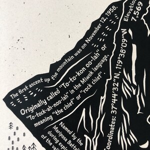 May include: Black and white illustration of a mountain with text describing the first ascent of the mountain, its name, and coordinates. The text reads: "The first ascent up the mountain was on November 12, 1958. Originally called "To-to-kon oo-lah" or "To-tock-ah-noo-lah" in the Miwok language, meaning "the chief" or "rock chief". Named by the Mariposa Battalion during exploration of the valley in 1851. Coordinates: 37&deg;44&prime;32&Prime;N, 119&deg;38&prime;09&Prime;W Elevation: 7,569 ft"