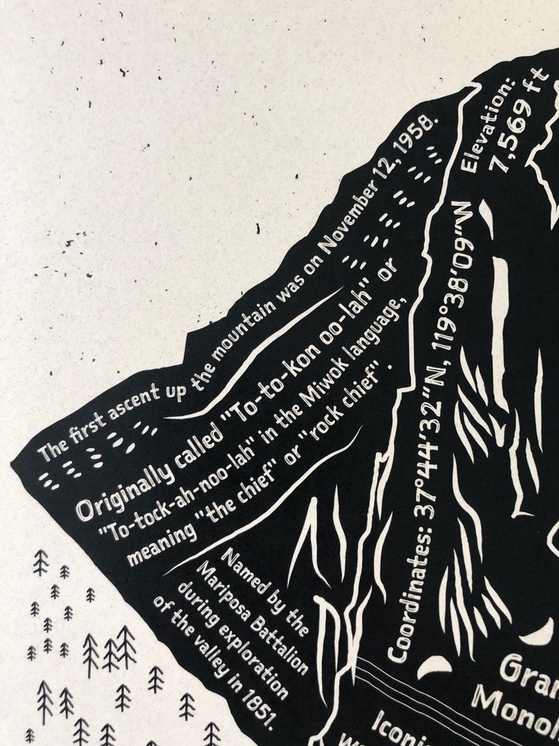 May include: Black and white illustration of a mountain with text describing the first ascent of the mountain, its name, and coordinates. The text reads: "The first ascent up the mountain was on November 12, 1958. Originally called "To-to-kon oo-lah" or "To-tock-ah-noo-lah" in the Miwok language, meaning "the chief" or "rock chief". Named by the Mariposa Battalion during exploration of the valley in 1851. Coordinates: 37&deg;44&prime;32&Prime;N, 119&deg;38&prime;09&Prime;W Elevation: 7,569 ft"