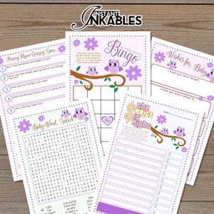 Lavender Owl Baby Shower Games! Printable Owl Baby Shower, Pink Owl Baby Shower, Purple Owl Baby Shower Games, Owl Girl Theme Baby Shower