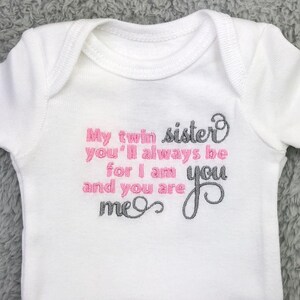 Twin Sister Baby Bodysuit: Embroidered Matching Outfit or Twinless Twin Keepsake