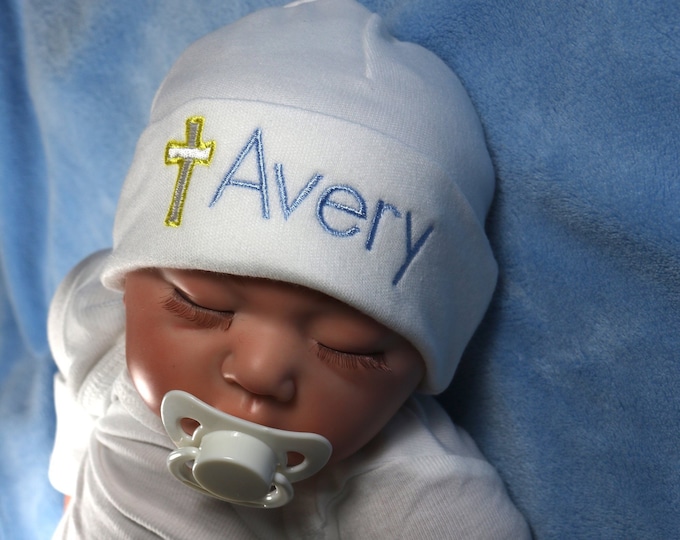 Personalized baby hat with cross - micro preemie / preemie / newborn / 0-3 months / 3-6 months / 6-12 months