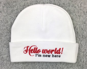 Newborn hat, preemie hat - Hello world I'm new here baby hat, baby girl hat baby boy hat preemie girl hat preemie boy hat, newborn prop hat