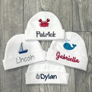 Personalized Embroidered Nautical Baby Hat: Anchor, Crab, Whale | Sizes Preemie - 12 months