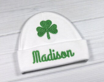 Personalized baby hat with shamrock - monogrammed preemie hat newborn beanie - Irish baby shower gift newborn pictures St Patrick's baby hat