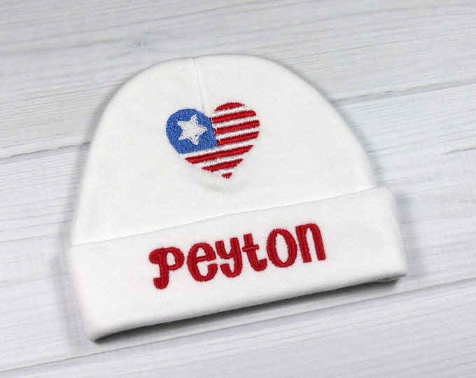 Personalized baby hat with American flag heart - micro preemie / preemie / newborn / 0-3 months / 3-6 months / 6-12 months