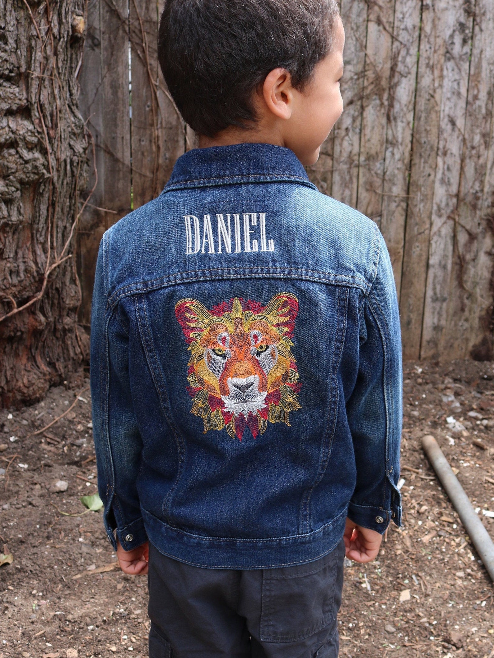 Personalized Kids Denim Jacket With Embroidered Lion Design Etsy