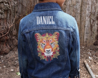 Personalized kids denim jacket with embroidered lion design - toddler jean jacket with name