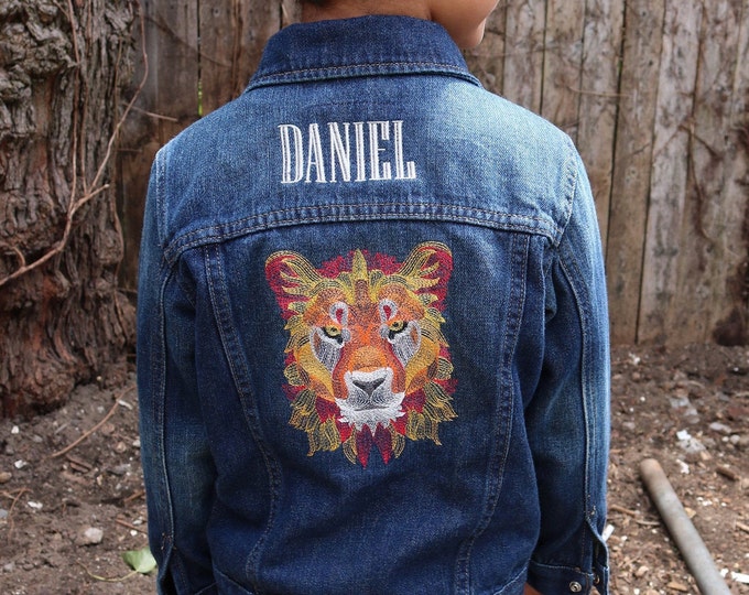 Personalized kids denim jacket with embroidered lion design - toddler jean jacket with name