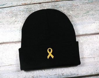Gold awareness ribbon embroidered winter hat - childhood cancer awareness ribbon beanie - adult size beanie for men or women
