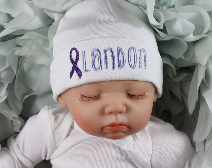 Personalized preemie hat with Prematurity Awareness Ribbon - micro preemie / preemie / newborn / 0-3 months / 3-6 months / 6-12 months