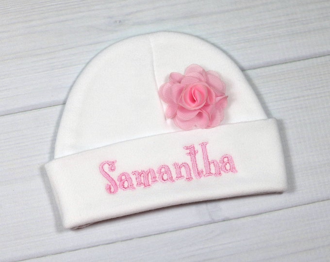 Personalized baby girl hat with 1.5" chiffon flower - micro preemie / preemie / newborn / 0-3 months / 3-6 months
