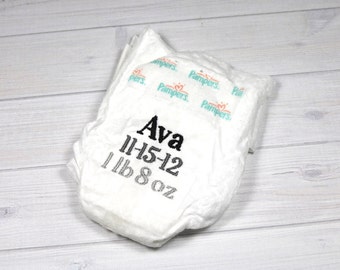 Micro preemie birth announcement diaper - embroidered diaper baby keepsake for memory box or shadow box