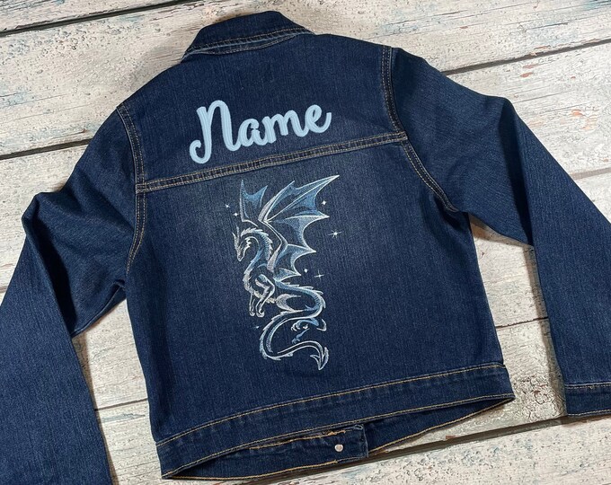 Personalized kids denim jacket with embroidered dragon design - toddler jean jacket with name